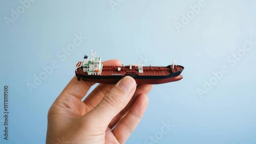 A hand holds a small model ship against a light blue background with fingers wrapped around it.