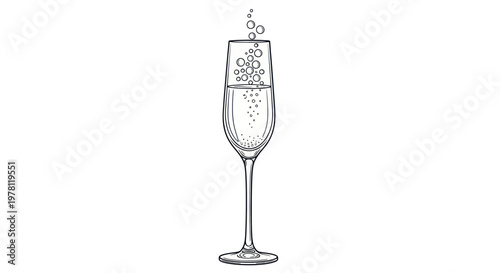 Champagne Flute with Bubbles Rising, Hand-Drawn Sketch Style