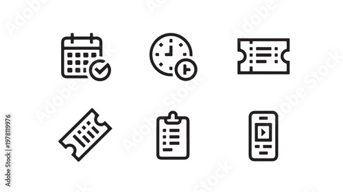 Black line icons of calendar, clock, tickets, and devices on white background for time management and organization concepts