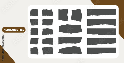 Torn sheets of paper with jagged edges. Collection realistic ripped pieces of scrap papers. Sticky notes, shreds of notebook pages.