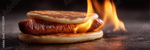 A fiery breakfast sandwich with scrambled eggs, melted cheese and mini sausages sandwiched between two golden pancakes, with dramatic flames in the background.