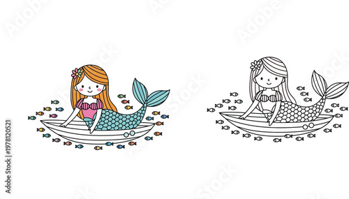  Cute Mermaid sitting in a Seashell surrounded by Fish, Set of Color Illustration and Black and White Line Art for Kids Coloring Book and Creative Activities