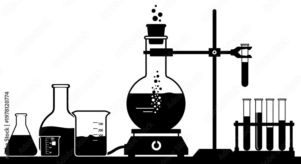 Obraz premium Chemical Experiment Setup with Flasks, Beaker, and Test Tubes
