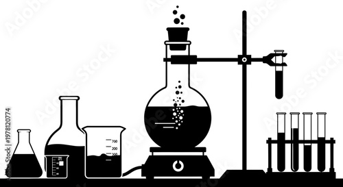 Chemical Experiment Setup with Flasks, Beaker, and Test Tubes