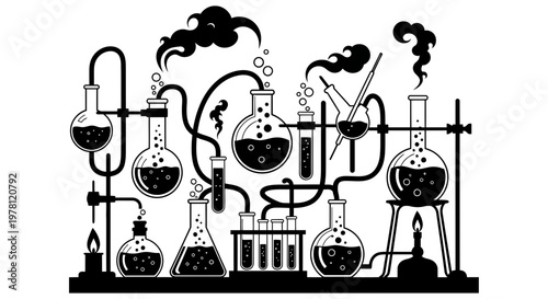 Chemical Laboratory Setup with Bubbling Flasks and Smoke