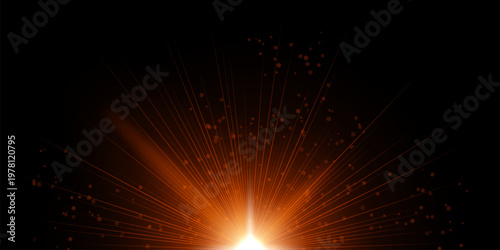 Abstract light burst White radiant center emitting numerous thin rays outward across black background, scattered circular particles, soft glow gradient, dramatic illumination, dynamic explosion effect
