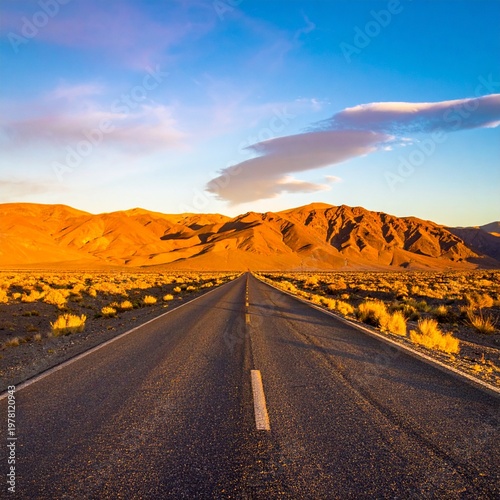 Scenic Desert Highway Leading Towards Majestic Mountains Under a Blue Sky.
