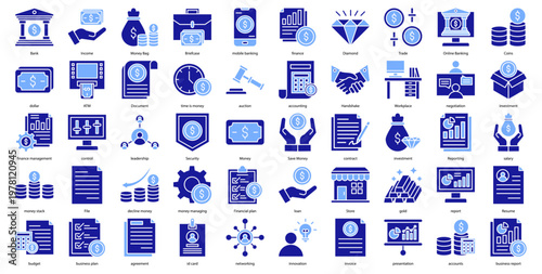 finance icon collection set. Containing Diamond, Trade, Online Banking, Coins, dollar, ATM, Document icon