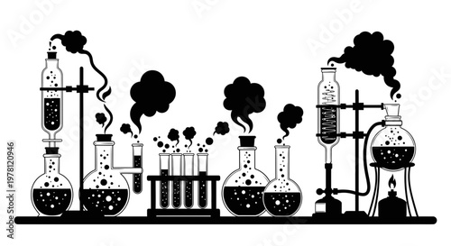 Chemistry Lab Equipment Silhouette with Bubbles and Smoke