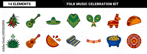 Folk Guitar and Mexican Festive Icons Set.