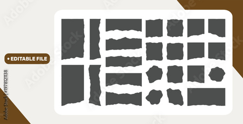 Set of white torn or ripped paper sheet. Scrapbook edge, notebook tear or blank page split vector illustration. Abstract realistic ornament or decoration clip art for social media banner background.