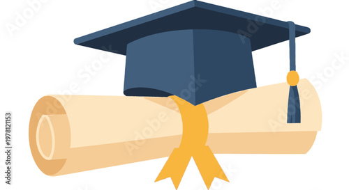 Graduation Cap and Diploma Scroll - Education Achievement Concept