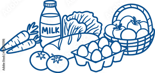 Farm Market Food Set Outline Sketch Vector Illustration, Hand Drawn Fresh Organic Produce Collection with Fruits, Vegetables, Dairy and Grocery Elements for Local Market, Isolated Design