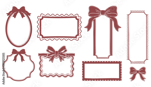 Whimsical coquette style set with red ribbon bows, wavy frames, hand-drawn borders and vintage doodles, vector