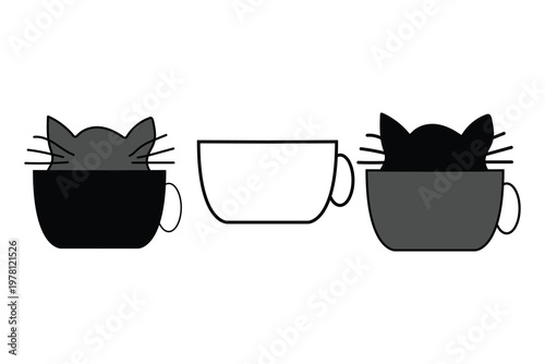 Minimalist cat in coffee cup vector icons, cute kitten head peeking out of tea mugs, monochrome feline pet silhouettes for cafe branding