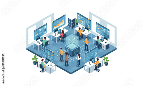 Isometric Data Center with People Working on Computers and Servers.