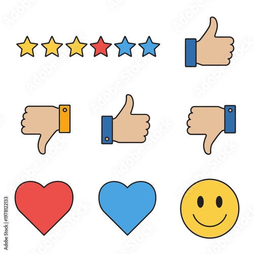 Title rating and reaction icons stars thumbs hearts and smileys description a collection of colorful icons representing ratings positive and negative feedback