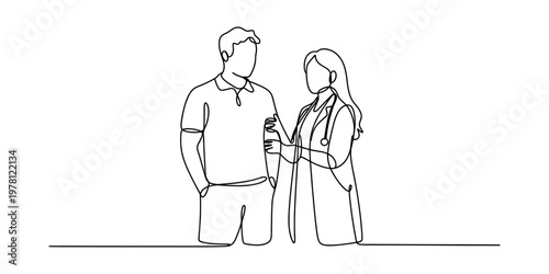 A single continuous line drawing featuring a professional female doctor and her male patient now Vector, illustration