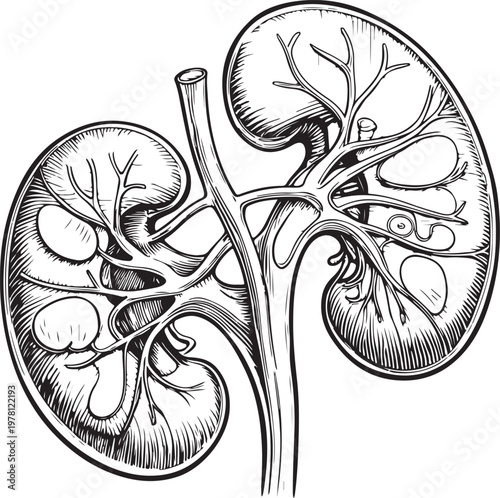 Kidneys Hand-drawn Sketch Drawing Vector Illustration, Line Linear Symbol Black and White Engraving, Isolated