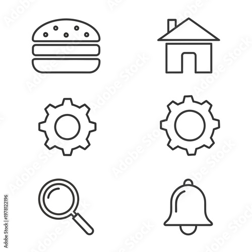 Simple black and white icon set food home gears search and notification