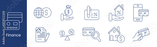 Finance set icon. Collection with globe dollar, hand money bag, percent card, hand house, mobile payment, property document, balance scale, card search, home loan, credit card.