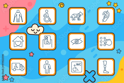 Accessibility support set icon. Person with crutches, wheelchair user, guide dog, ear hearing aid, heart home, parking sign, blind eye, hand touch dots, transport service, elderly person
