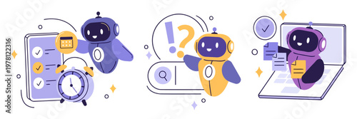 Purple robot checks tasks with clock and checklist. Yellow robot raises hands, showing surprise or confusion. Purple robot stands proudly on laptop with checkmark. Cartoon robots depict productivity