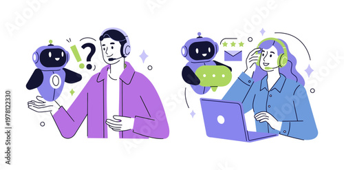 Man and woman interact with robots. They appear curious and thoughtful. Robots assist in tech support or learning. Ideal for digital services, AI education, or customer help