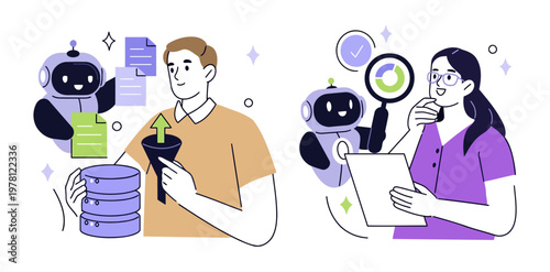 Man and woman collaborate with friendly robots. They appear focused, engaged, and cooperative. Robot assistants aid in data handling and brainstorming