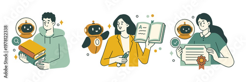 Illustration shows three people engaging with books and robots. Each figure interacts warmly with a friendly robot companion. Man holds books while smiling, suggesting learning or curiosity