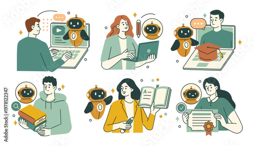 Warmly illustrated people engage with friendly robots in cozy settings. They work, learn, or explore together with curious expressions. Each scene shows teamwork, curiosity, and digital companionship