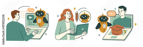 Three people interact with a friendly robot assistant. Each person engages with the robot via a screen or device. They appear focused, curious, and confident during conversations