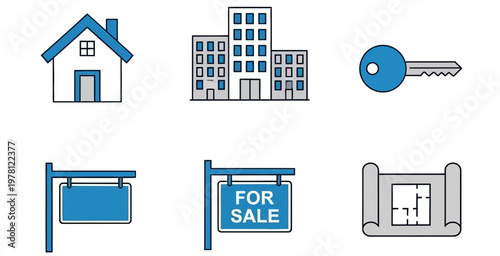 Real estate icons house apartment key and for sale signs