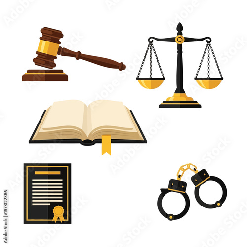 Law and justice symbols gavel scales book document and handcuffs