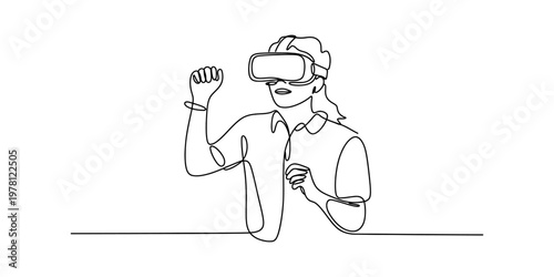 A continuous line drawing of a person experiencing a virtual reality headset in a studio setting Vector, illustration