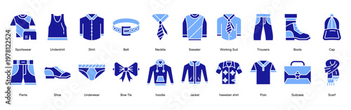 Men Fashion icon collection set. Containing Sportswear, Undershirt, Shirt, Belt, Necktie, Sweater icon