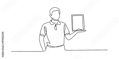 A single continuous line drawing of a man holding a rectangular tablet or frame in his open hand Vector, illustration