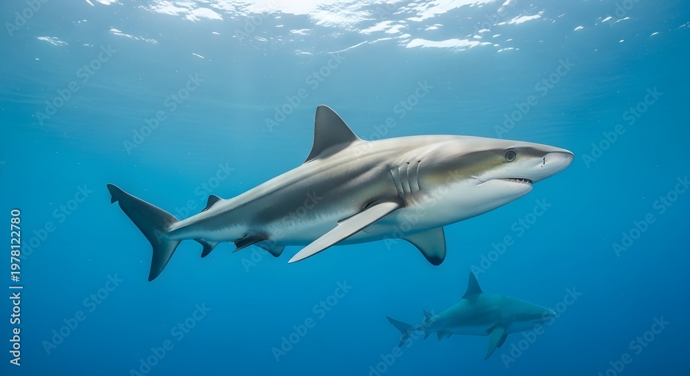 Obraz premium Majestic Sharks Swimming Gracefully Through Clear Ocean Waters