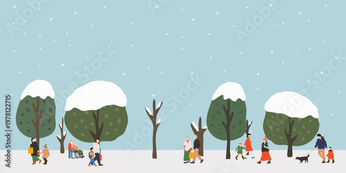 冬の公園 雪景色の背景イラスト 人々が歩く横長素材