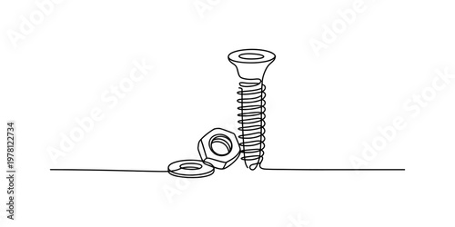 A single continuous line drawing of a metal screw with a matching nut and a flat circular washer Vector, illustration