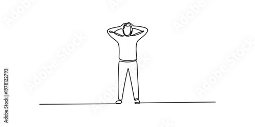 A single continuous line drawing of a person standing with their hands behind their head in stress Vector, illustration