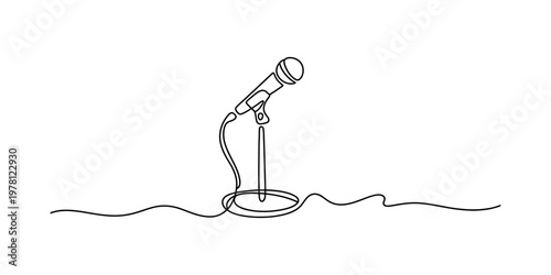 A single continuous line drawing of a classic handheld microphone mounted on a sturdy metal stand Vector, illustration