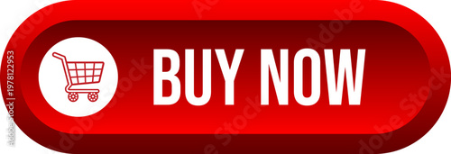 Red buy now button with shopping cart icon for online store website graphic design element isolated