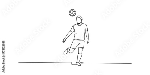 A single continuous line drawing of a soccer player kicking a ball during a professional game Vector, illustration