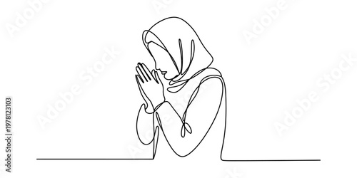 Continuous line drawing of a modest woman wearing a hijab while praying with hands held together. Vector, illustration