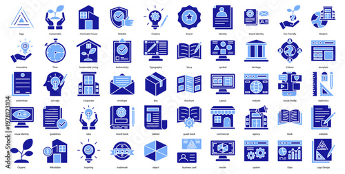 Brand Identity icon collection set. Containing logo, Sustainable, minimalist house, Reliable, Creative, brand, identity icon