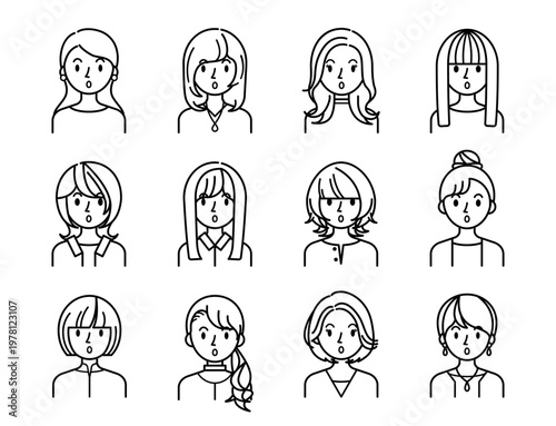 ベクターイラスト素材：驚いてびっくりしている若い女性アイコンセット