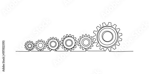 A single continuous line drawing of six gear wheels increasing in size from left to right side Vector, illustration