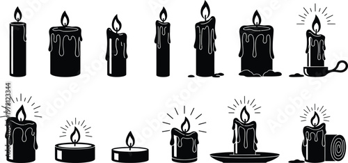 Vintage black and white illustration of various burning candles