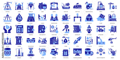 oil mining icon collection set. Containing oil well, drilling oil, tanker, pipeline, tanker ship, tanker truck icon